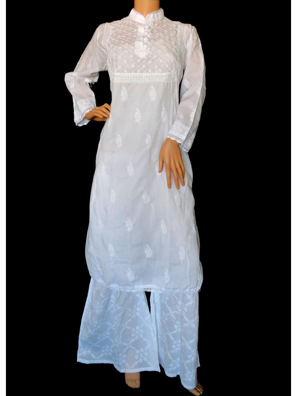 ISHIEQA's White Cotton Chikankari Kurti - MV0401D