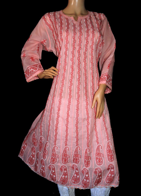 ISHIEQA's Peach Chikankari Cotton Anarkali Kurti  - AN0104B