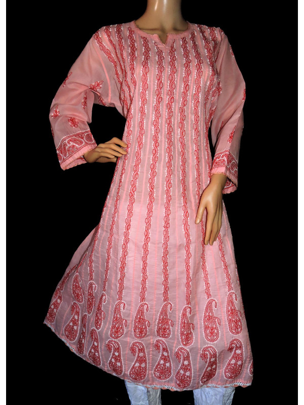ISHIEQA's Peach Chikankari Cotton Anarkali Kurti  - AN0104B