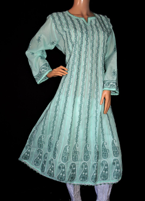 ISHIEQA's Sea Green Chikankari Cotton Anarkali Kurti  - AN0104B