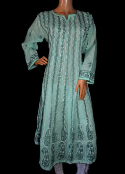 ISHIEQA's Sea Green Chikankari Cotton Anarkali Kurti  - AN0104B
