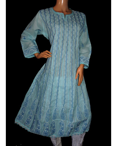 ISHIEQA's Blue Chikankari Cotton Anarkali Kurti  - AN0104B