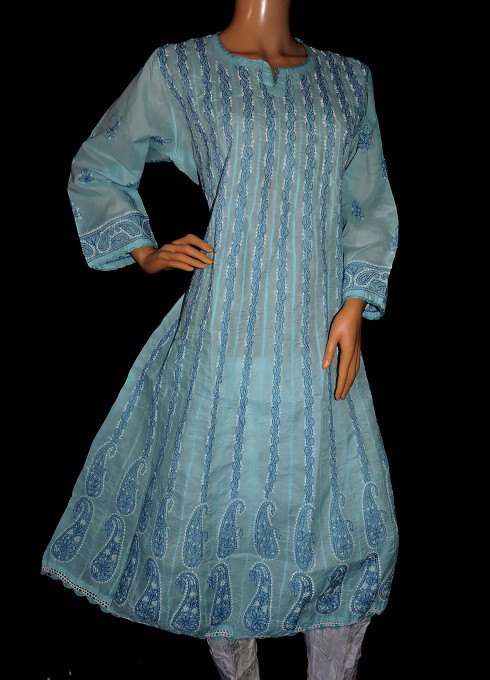 ISHIEQA's Blue Chikankari Cotton Anarkali Kurti  - AN0104B