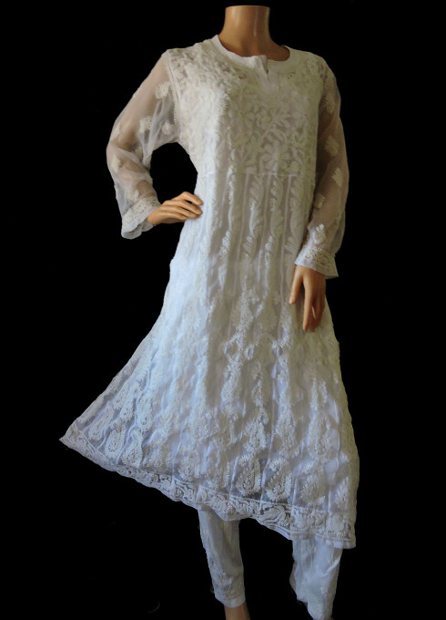 ISHIEQA's White Chikankari Georgette Anarkali Kurti - LU0101C