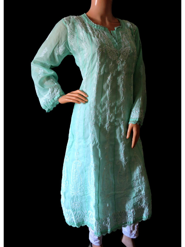 ISHIEQA's Sea Green Cotton Anarkali Chikankari Kurti  - MV0506D