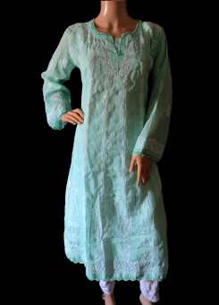 ISHIEQA's Sea Green Cotton Anarkali Chikankari Kurti  - MV0506D
