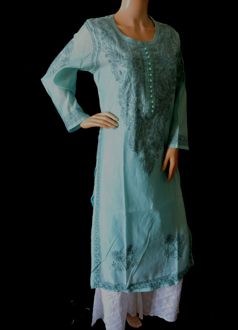 ISHIEQA's Blue Chikankari Chanderi Kurti  - RR0101D