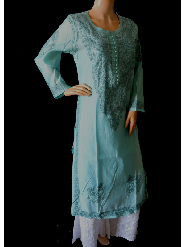 ISHIEQA's Blue Chikankari Chanderi Kurti  - RR0101D