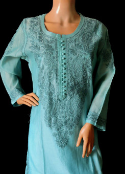 ISHIEQA's Blue Chikankari Chanderi Kurti  - RR0101D