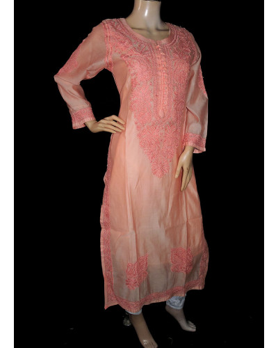 ISHIEQA's Peach Chikankari Chanderi Kurti  - RR0101D