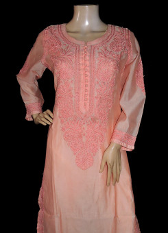ISHIEQA's Peach Chikankari Chanderi Kurti  - RR0101D