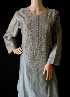 ISHIEQA's Grey Chikankari Chanderi Kurti  - RR0101D