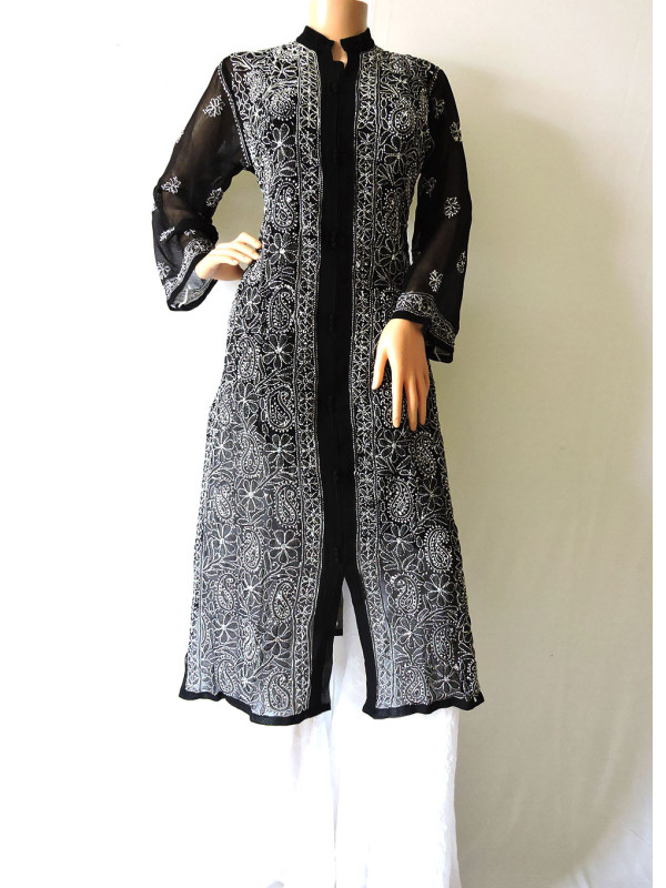 ISHIEQA's Black Georgette Chikankari Kurti - LU0101B