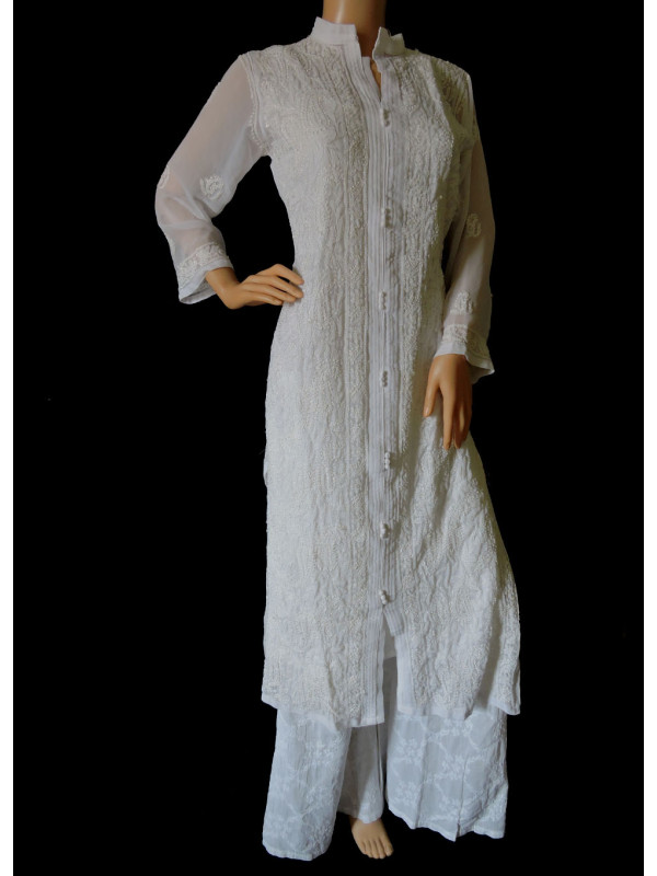 ISHIEQA's White Georgette Chikankari Kurti  - LU0101B