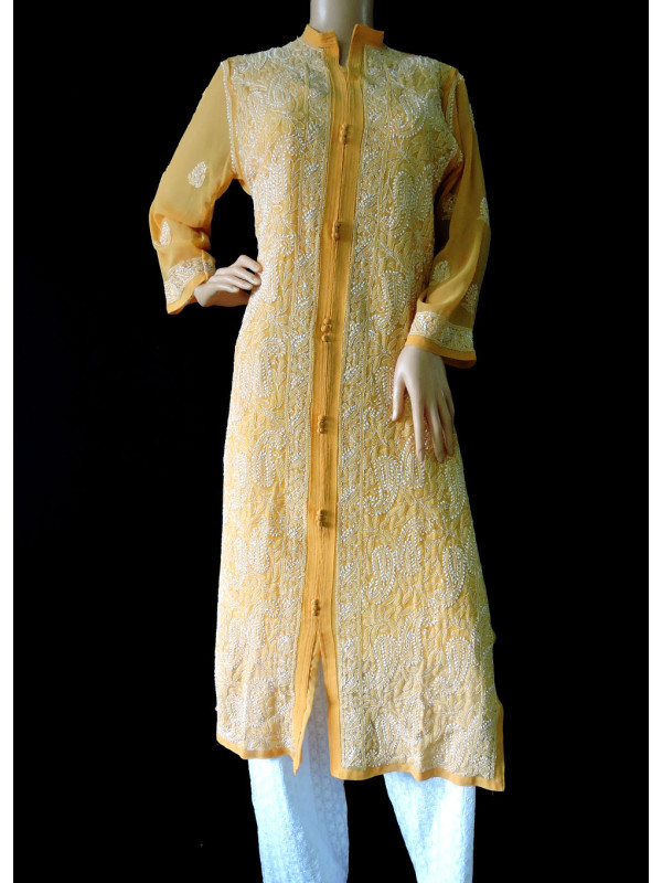 ISHIEQA's Mustard Georgette Chikankari Kurti  - LU0101B