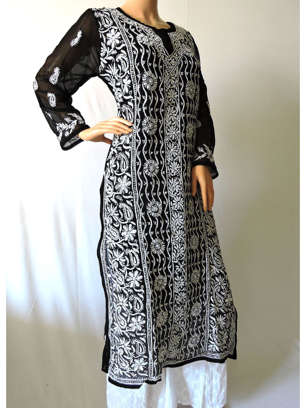 ISHIEQA's Black Georgette Chikankari Kurti  - DC0110B 