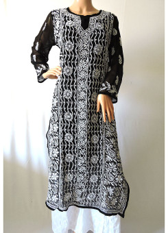 ISHIEQA's Black Georgette Chikankari Kurti  - DC0110B 