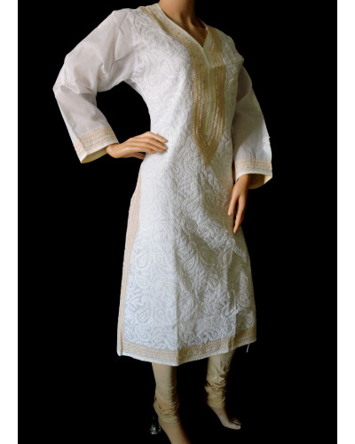 ISHIEQA's White-Beige Cotton Chikankari Kurti  - AN0101B