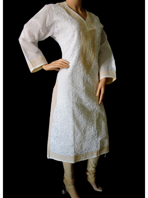 ISHIEQA's White-Beige Cotton Chikankari Kurti  - AN0101B