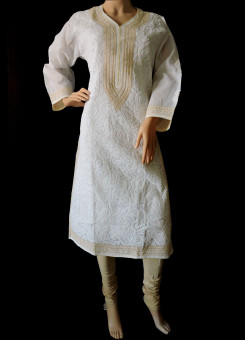 ISHIEQA's White-Beige Cotton Chikankari Kurti  - AN0101B
