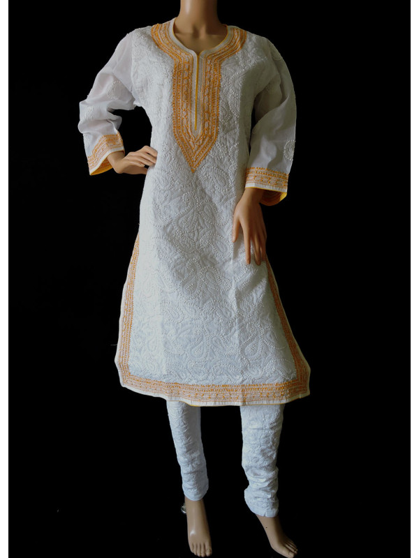 ISHIEQA's White-Yellow Cotton Chikankari Kurti  - AN0101B