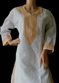 ISHIEQA's White-Yellow Cotton Chikankari Kurti  - AN0101B