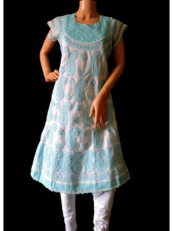 ISHIEQA's White-Blue Cotton A-Line Kurti  - AN0202C
