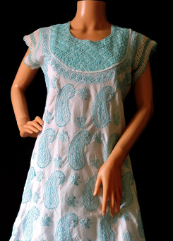 ISHIEQA's White-Blue Cotton A-Line Kurti  - AN0202C