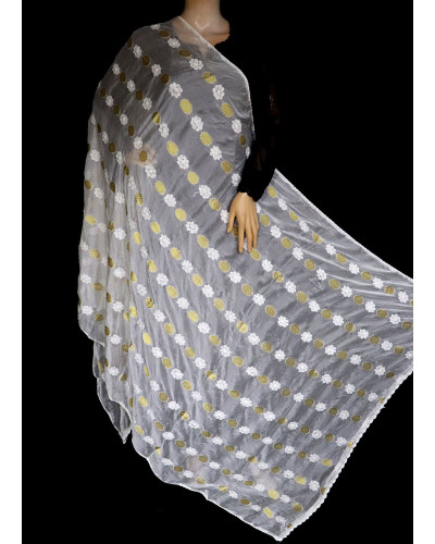 ISHIEQA's White-Gold Pure Georgette Chikankari Dupatta - KL0808D