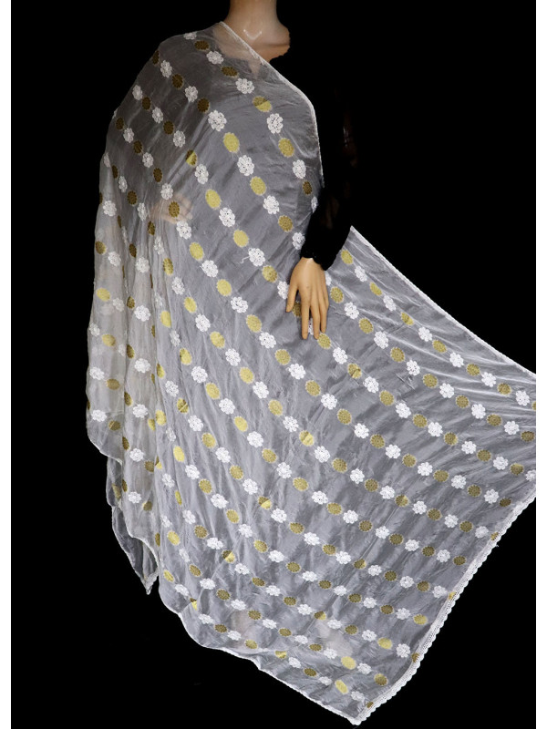 ISHIEQA's White-Gold Pure Georgette Chikankari Dupatta - KL0808D