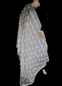 ISHIEQA's White-Gold Pure Georgette Chikankari Dupatta - KL0808D