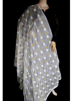 ISHIEQA's White-Gold Pure Georgette Chikankari Dupatta - KL0808D
