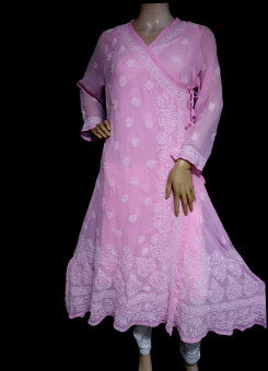 ISHIEQA's Pink Georgette Angarakha Chikankari Kurti  - MV1502D