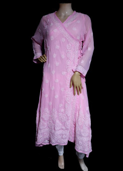 ISHIEQA's Pink Georgette Angarakha Chikankari Kurti  - MV1502D