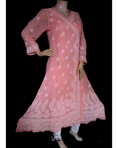ISHIEQA's Peach Georgette Angarakha Chikankari Kurti  - MV1502D