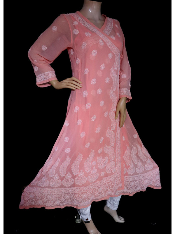 ISHIEQA's Peach Georgette Angarakha Chikankari Kurti  - MV1502D