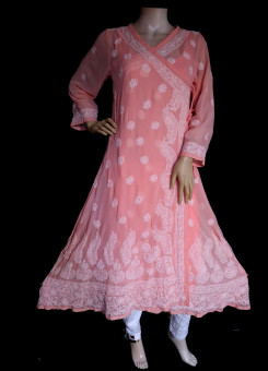 ISHIEQA's Peach Georgette Angarakha Chikankari Kurti  - MV1502D