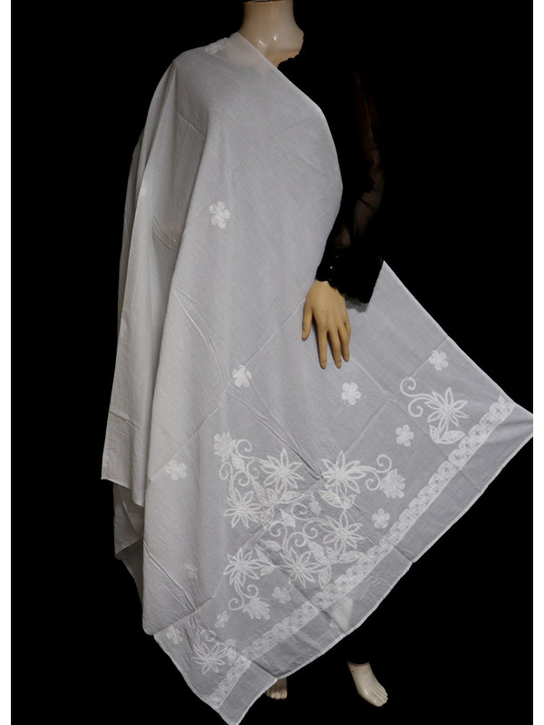 ISHIEQA's White Cotton Chikankari Dupatta - SC0117D