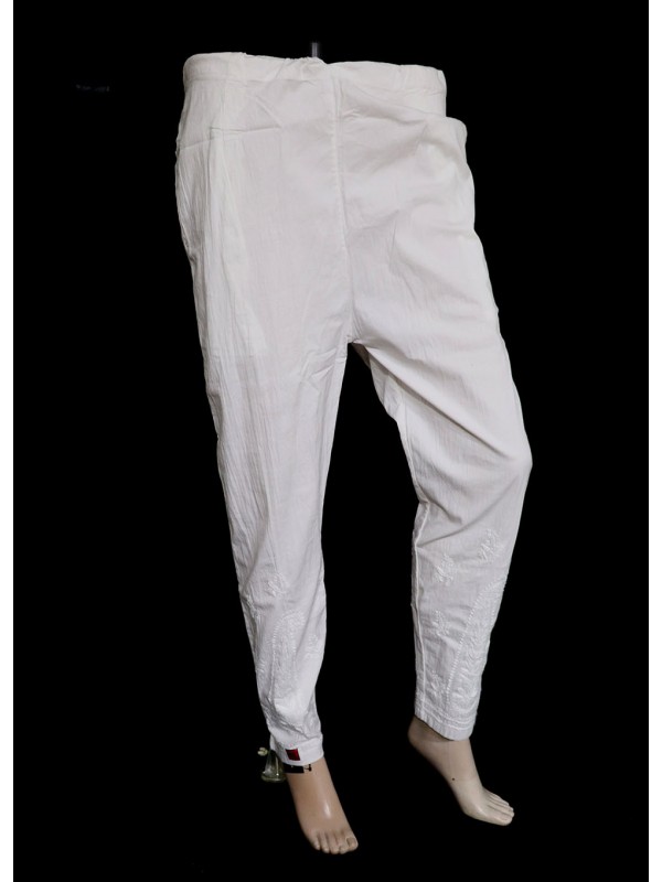 ISHIEQA's White Streachable Cotton Chikankari Pant - AN0402D