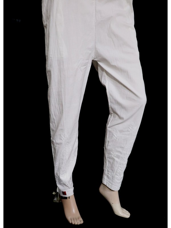 ISHIEQA's White Streachable Cotton Chikankari Pant - AN0402D