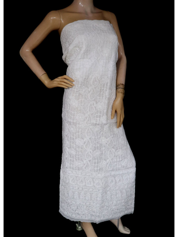ISHIEQA's White-A Chikankari-Pearl Cotton Kurti Fabric - RC0302D