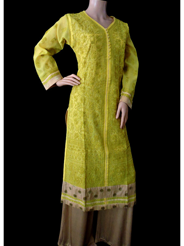 ISHIEQA's Designer Yellow-A Chikankari Chanderi Kurti (XL)  - MC0101B