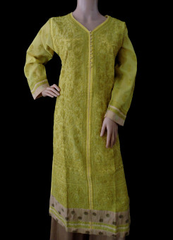ISHIEQA's Designer Yellow-A Chikankari Chanderi Kurti (XL)  - MC0101B