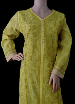 ISHIEQA's Designer Yellow-A Chikankari Chanderi Kurti (XL)  - MC0101B