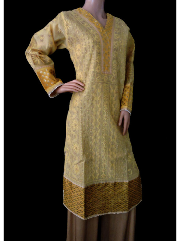 ISHIEQA's Designer Yellow Chikankari Chanderi Kurti (L)  - MC0101B