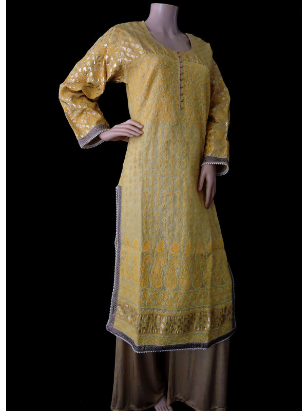 ISHIEQA's Designer Yellow-B Chikankari Chanderi Kurti (M)  - MC0101B