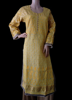 ISHIEQA's Designer Yellow-B Chikankari Chanderi Kurti (M)  - MC0101B