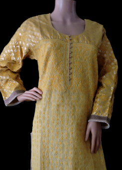 ISHIEQA's Designer Yellow-B Chikankari Chanderi Kurti (M)  - MC0101B
