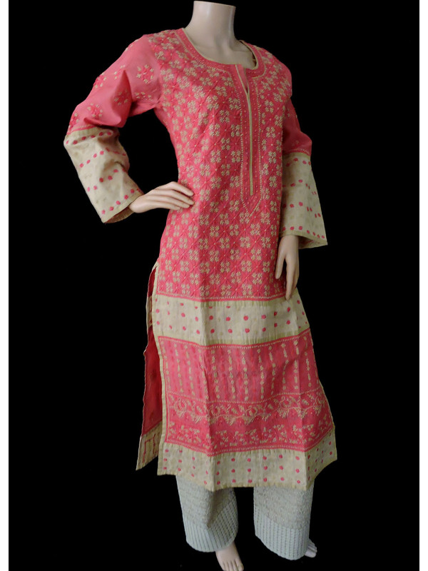 ISHIEQA's Designer Coral Chikankari Chanderi Kurti (M)  - MC0101B