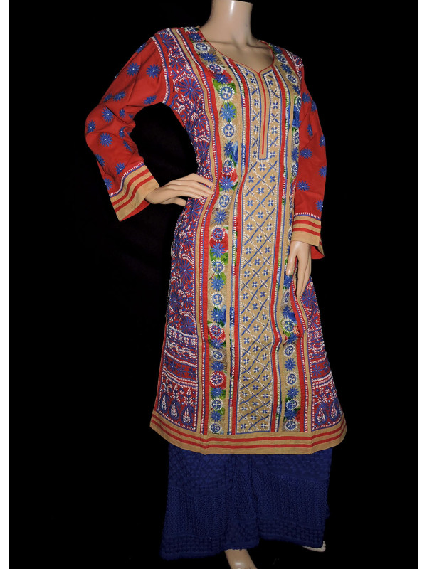 ISHIEQA's Designer Red Chikankari Kurti (L)  - MC0101B